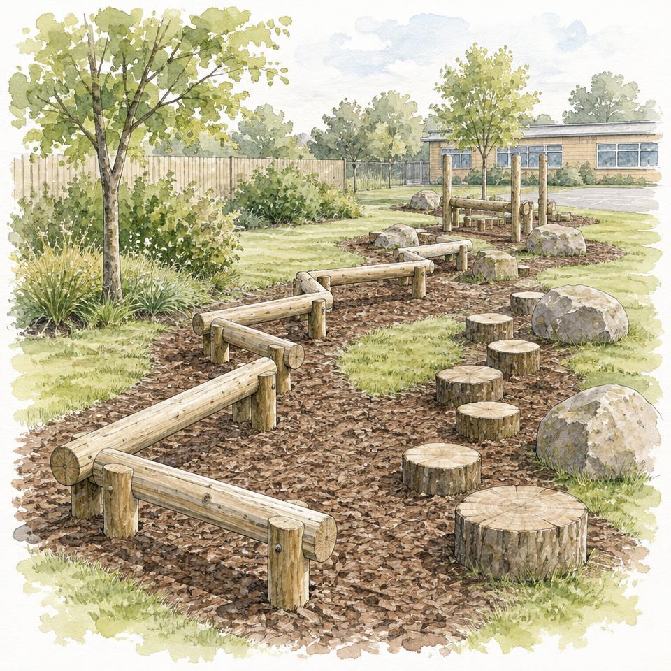 Watercolour of a log balance and stepping-stump agility trail