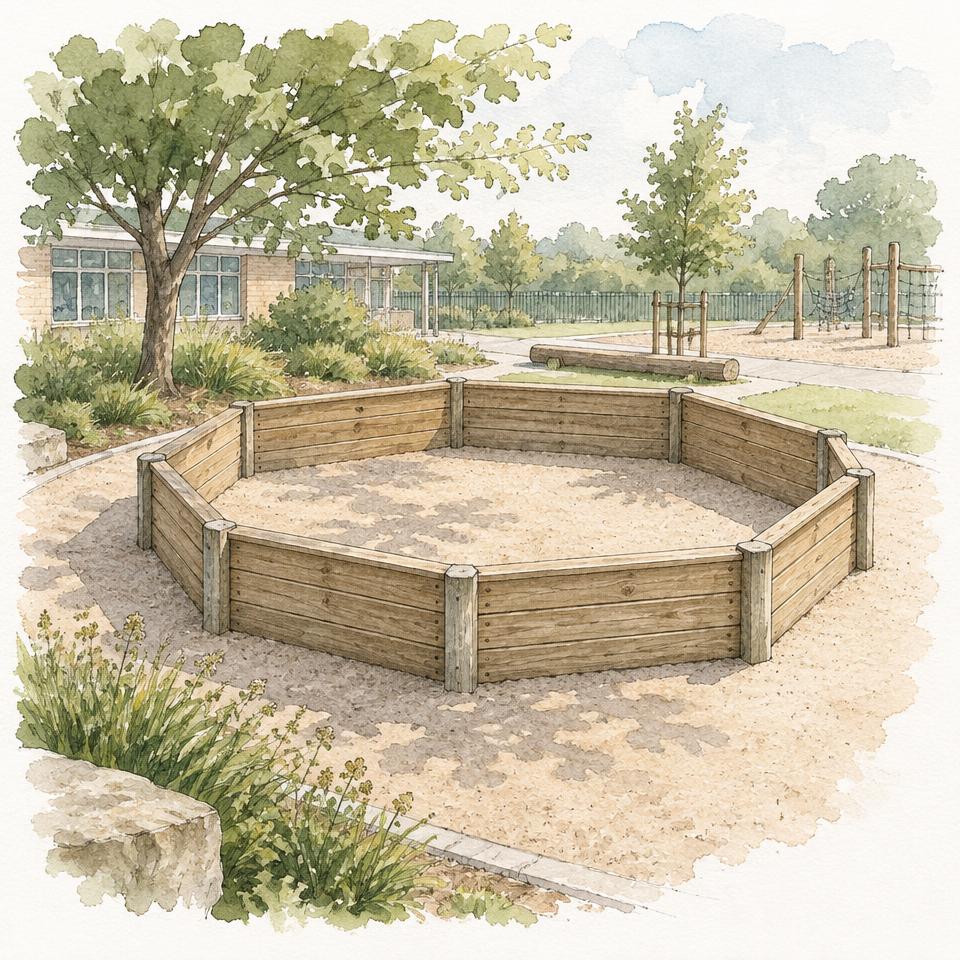 Watercolour of an octagonal timber Gaga pit