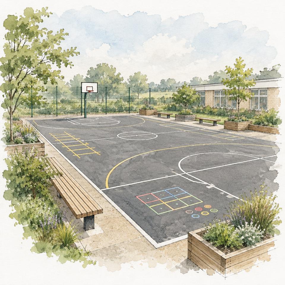Watercolour of a marked-out games court with benches and planters
