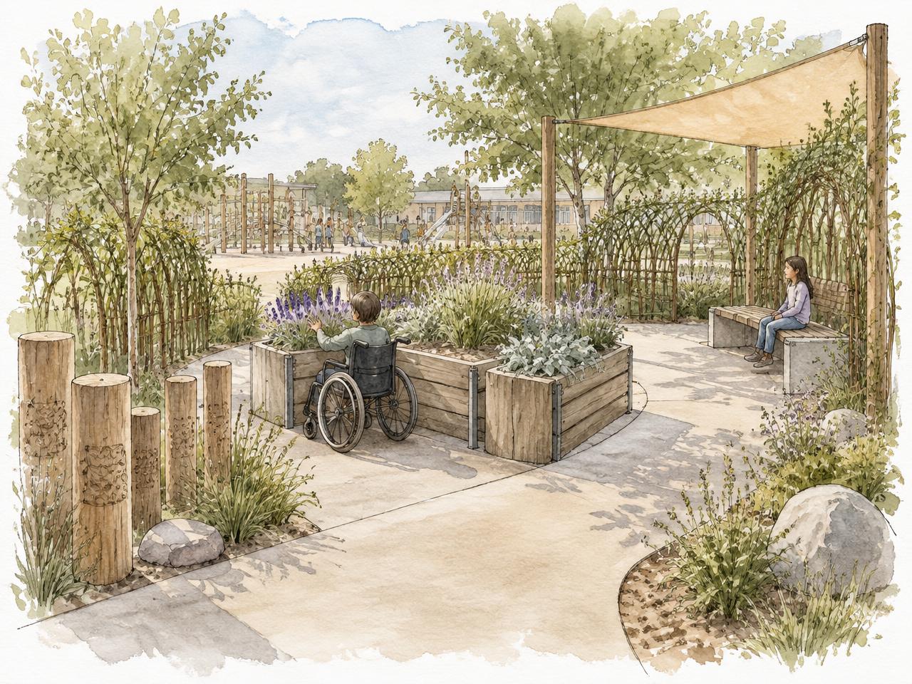 Watercolour of an inclusive calm zone: wide accessible path, wheelchair-height sensory planters, tactile posts and low willow screening with clear sightlines to the playground