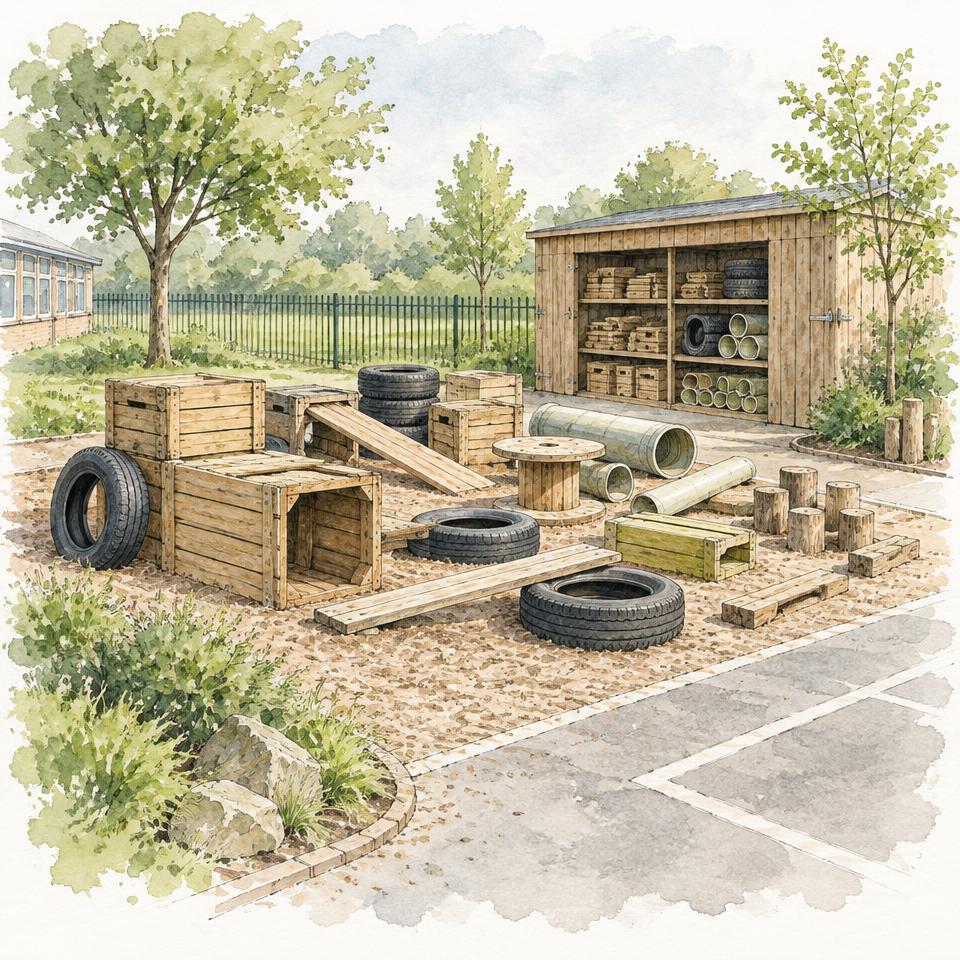 Watercolour of a loose-parts play area with crates, planks, tyres and a storage shed