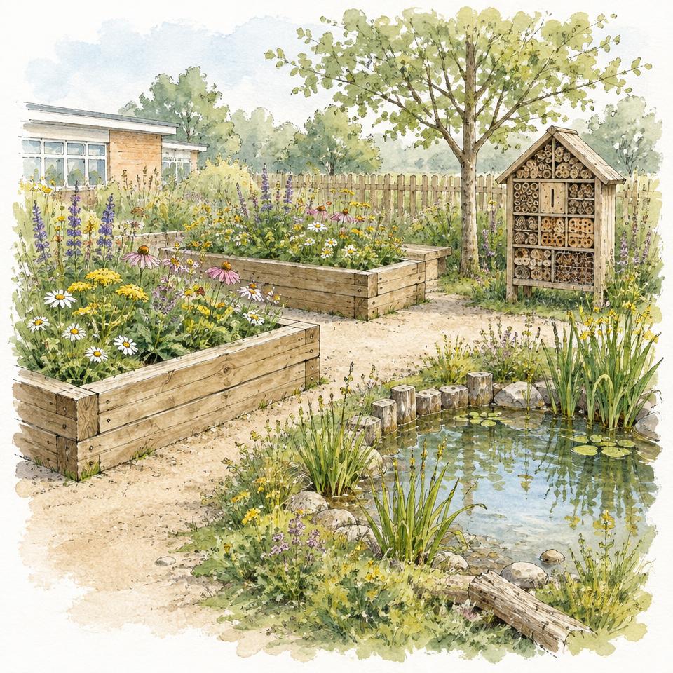 Watercolour of a biodiversity corner with raised beds, bug hotel and wildlife pond