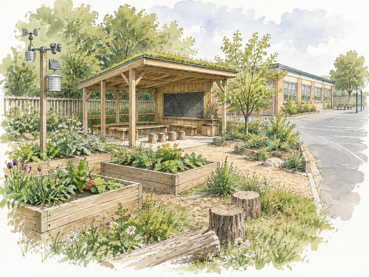 Watercolour of a school outdoor classroom: timber shelter with chalkboard and benches, raised growing beds and a weather station beside the playground