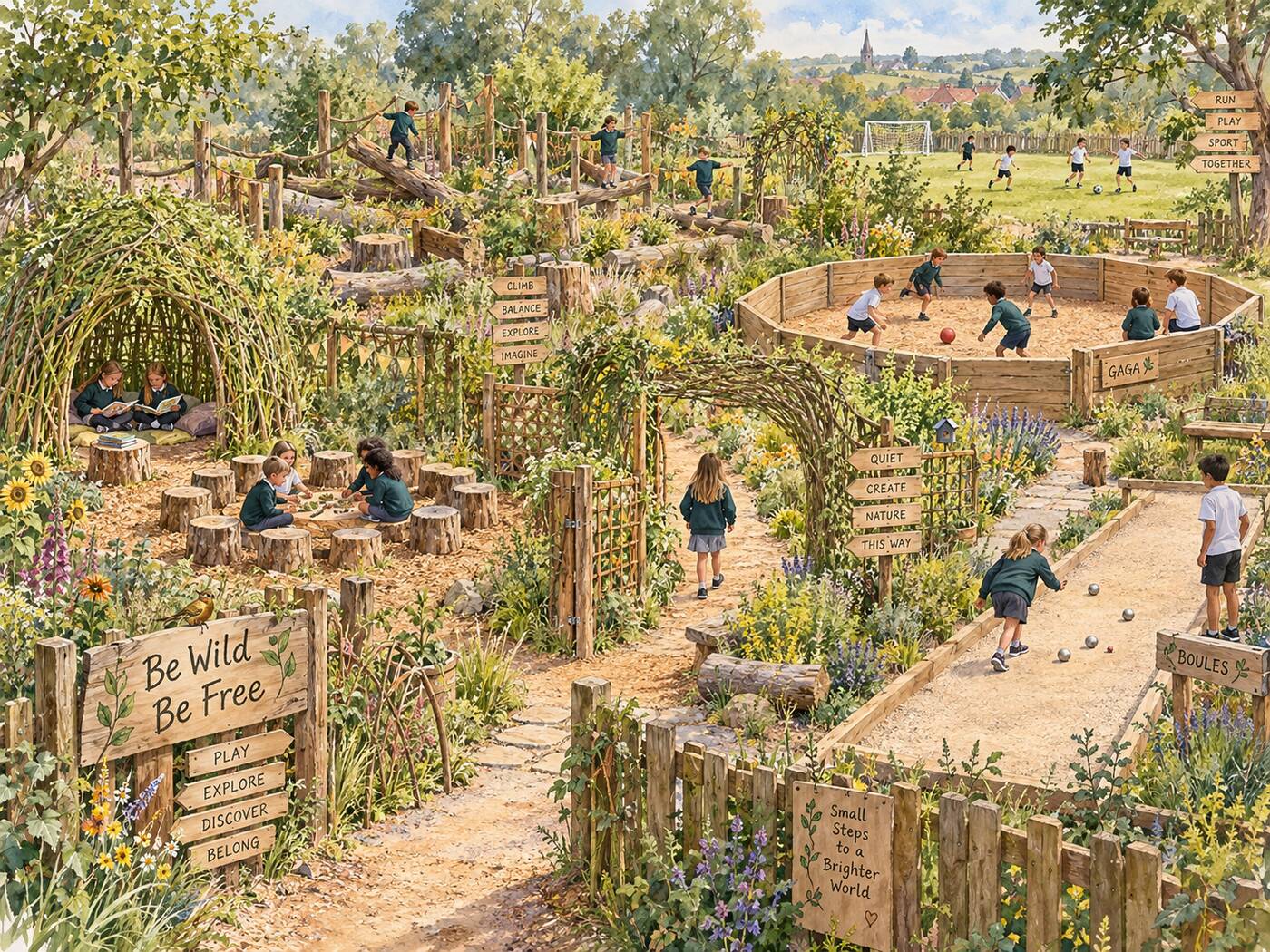 Watercolour of a natural school play garden with a willow reading dome, log seating circle, rope and log balance trail, Gaga pit, boules run and signposts reading Play, Explore, Discover, Belong