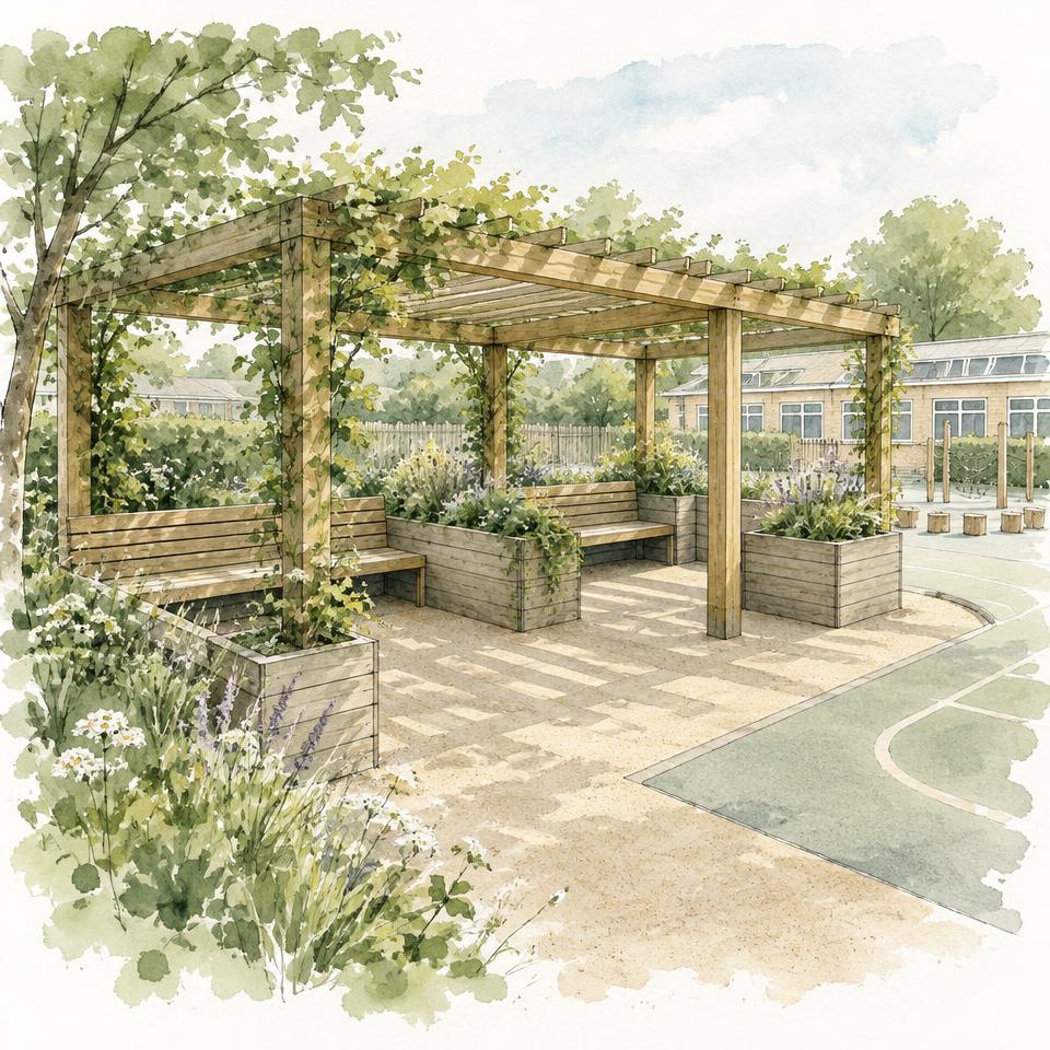 Watercolour of a shaded timber reading pergola with benches and planters