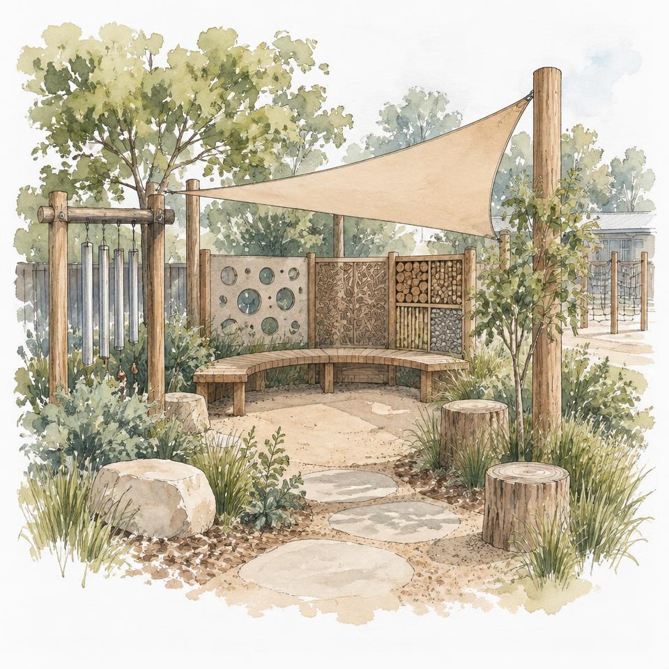Watercolour of a quiet sensory nook with curved bench, shade sail, textured panels and chimes