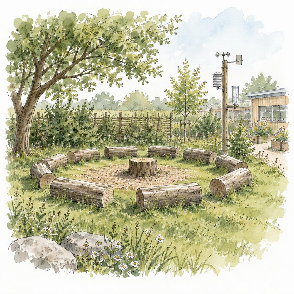 Watercolour of a log story circle with a weather station in the school grounds