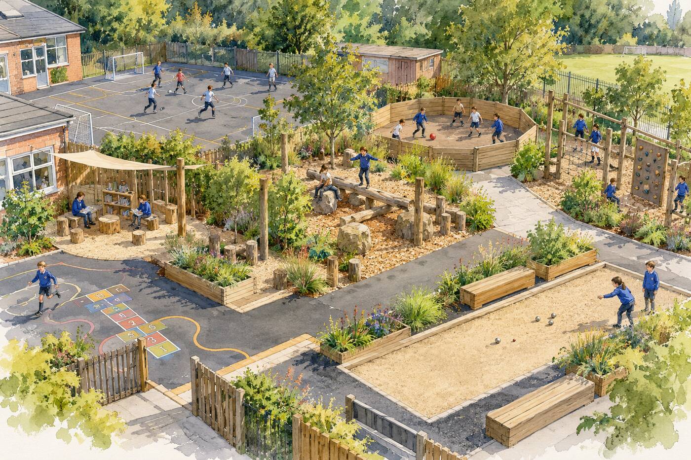 Watercolour of a zoned primary school playground: a shaded reading corner, log balance trail, Gaga pit, climbing frame, boules strip, planted beds and a separate marked-out games area